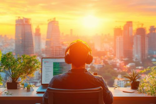 Mann mit Laptop und Skyline